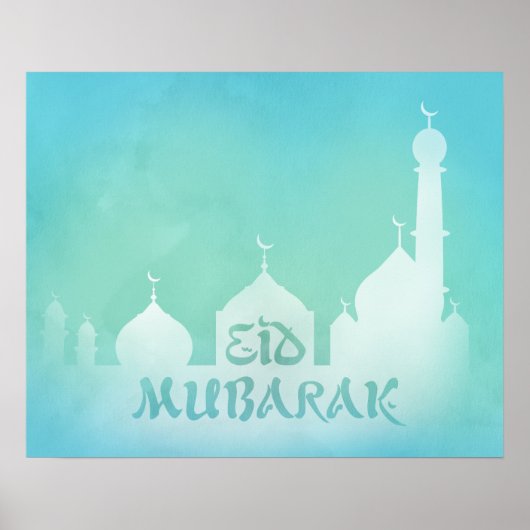 Eid Mubarak Blue Waterverf Mosque - Afdrukken Post Poster (Voorkant)