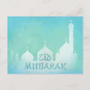 Eid Mubarak Blue Waterverf Mosque - Briefkaart