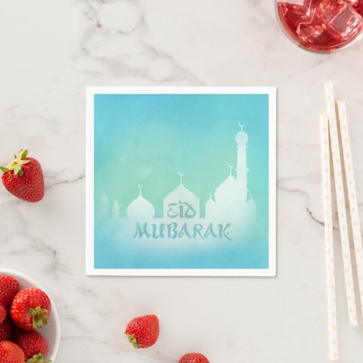 Eid Mubarak Blue Waterverf Mosque - Papier Napkin Servet (Insitu)