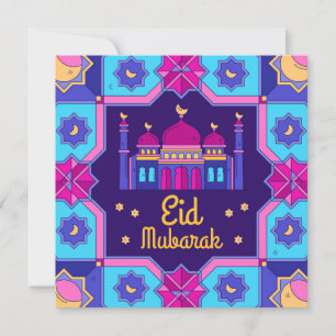 Eid Mubarak Crescent Stars Roze Blauwe Waterverf Feestdagenkaart
