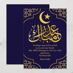 Eid Mubarak Custom Name Elegant Modern Blauw Goud Feestdagenkaart