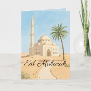 Eid Mubarak Eenvoudige Waterverf Moskee Palmboom Kaart