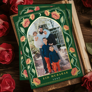 Eid Mubarak Elegante Groene Bloemen Foto Folie Feestdagenkaart