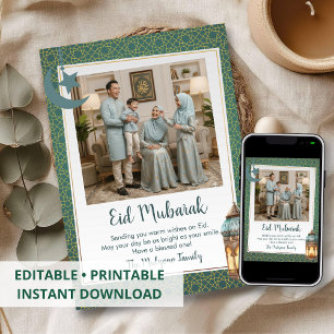 Eid Mubarak Familie Foto Kaart Groen Teal Patroon
