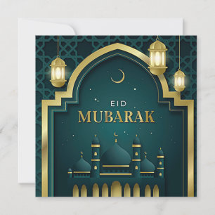 Eid Mubarak Gold Crescent Star Mosque Green Feestdagenkaart