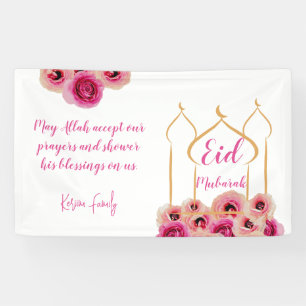 Eid Mubarak Golden Mosque Roos Blossom Paars Spandoek