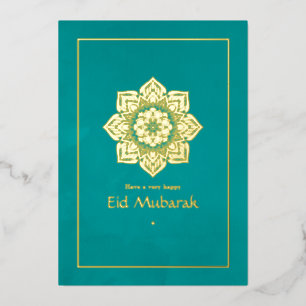 Eid Mubarak Groenblauw en Goud Folie Vakantiekaart Feestdagenkaart