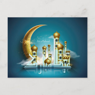 Eid Mubarak Moon Mosque Arabisch Calligrafie Blauw Feestdagenkaart