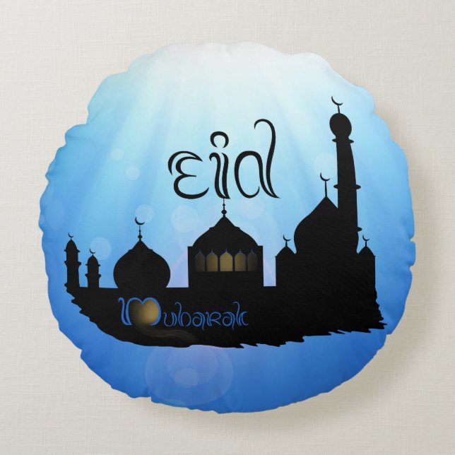 Eid Mubarak-moskee met Typografie Rond Kussen (Voorkant)