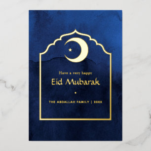 Eid Mubarak Navy Blue and Gold Foil Holiday Kaart