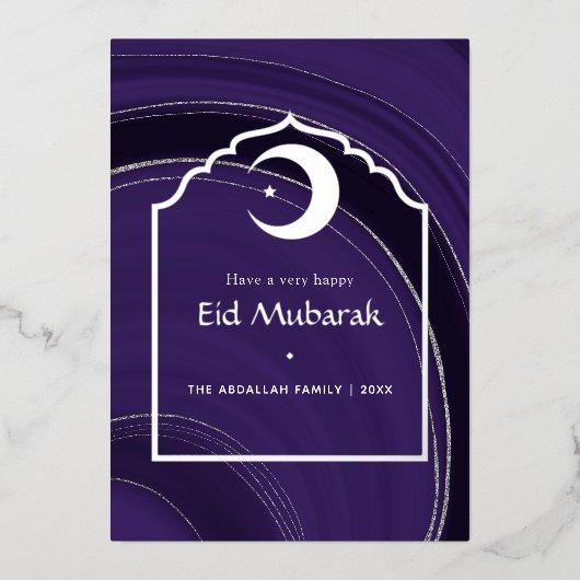 Eid Mubarak Paars en Zilver Agate Folie Vakantie C Folie Feestdagenkaart (Voorkant)