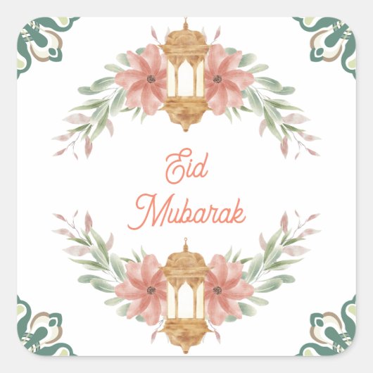 Eid Mubarak |Ramadan Mubarak Bloemenkrans Lamp Vierkante Sticker (Voorkant)