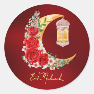 Eid Mubarak Rode Bloemen Cresent Islamitische Lant Ronde Sticker