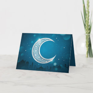 Eid Mubarak Shining Moon Mosque Ster Wit Blauw Feestdagen Kaart