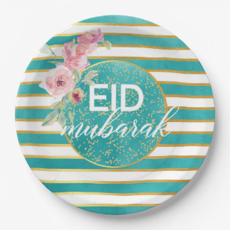 Eid Mubarak Teal Gouden Bloemenbord Papieren Bordje
