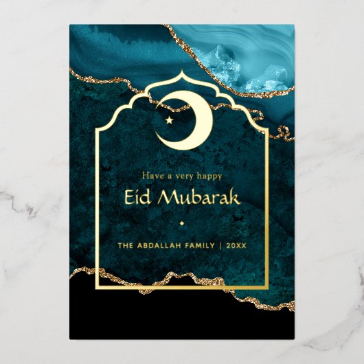 Eid Mubarak Teal - Turkoois en Goud Agaat Folie Feestdagenkaart (Voorkant)