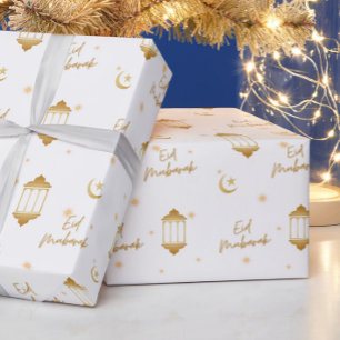 Eid Mubarak Wit + Goud Elegante Lantaarns + Maan Cadeaupapier