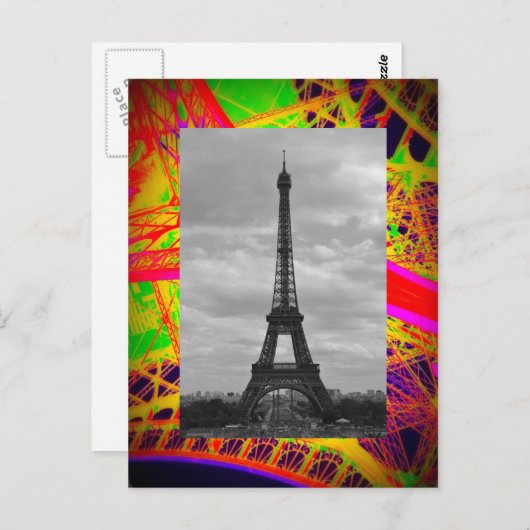 eiffel in zwart - wit op kleurrijk eiffeltje briefkaart (Voorkant / Achterkant)