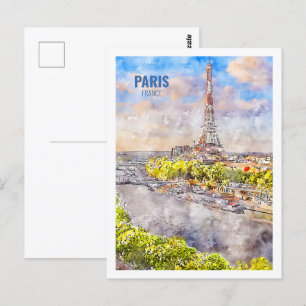 Eiffel Parijs Frankrijk Beroemde Travel Waterverf Briefkaart
