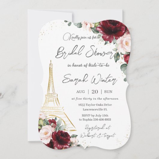 Eiffel Paris Bruidsfeest Burgundy Blush Bloemen Kaart (Voorkant)