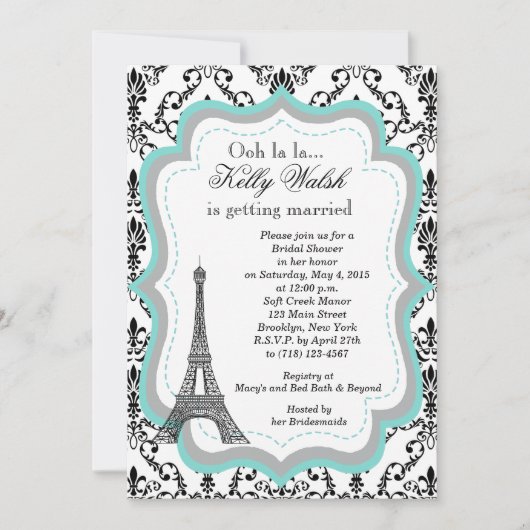Eiffel Tower Aqua Paris Bridal Shower Kaart (Voorkant)