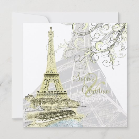 Eiffel Tower+bateau mouche+swirls bruiloft Kaart (Voorkant)
