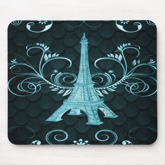 Eiffel Tower Blauwgroen Floral Swirl Muismat (Voorkant)