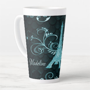 Eiffel Tower Blauwgroen Floral Swirls Latte Mok