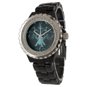 Eiffel Tower Blauwgroen Floral Swirls Watch Horloge