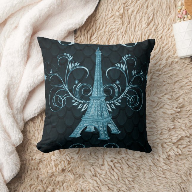 Eiffel Tower Blue Floral Swirls Pillow Kussen (Deken)