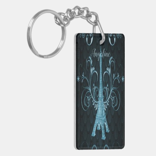 Eiffel Tower Blue Floral Swirls Sleutelhanger (Voorkant Links)
