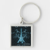 Eiffel Tower Blue Floral Swirls Square Sleutelhang Sleutelhanger (Voorkant)
