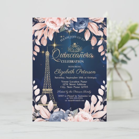 Eiffel Tower, Blue Flowers, Navy Blue Quinceañera Kaart (Staand voorkant)
