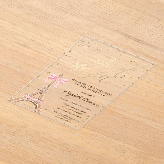 Eiffel Tower Bow Gold Diamonds Black Sweet 16 Acryl Uitnodigingen (Laagn)