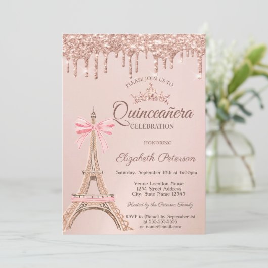 Eiffel Tower,Bow Rose Gold Drips Quinceañera Kaart (Staand voorkant)