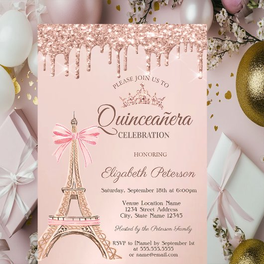 Eiffel Tower,Bow Rose Gold Drips Quinceañera Kaart