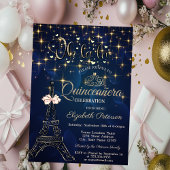 Eiffel Tower,Bow Tiara,Stars Navy Blue Quinceañera Kaart