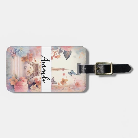 Eiffel Tower Butterflies and Flowers Bagagelabel (Voorkant horizontaal)