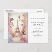 Eiffel Tower Butterflies and Flowers Birthday Uitnodiging Briefkaart (Voorkant / Achterkant)