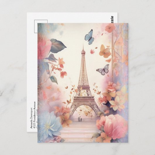 Eiffel Tower Butterflies and Flowers Briefkaart (Voorkant / Achterkant)