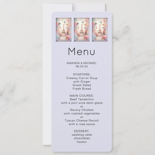 Eiffel Tower Butterflies and Flowers Menu Kaart (Voorkant)