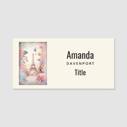 Eiffel Tower Butterflies and Flowers Naamplaatje (Voorkant)