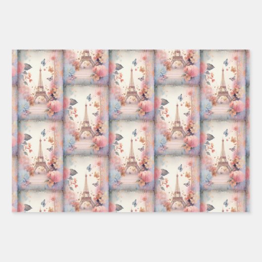 Eiffel Tower Butterflies and Flowers Pattern Inpakpapier Vel (Voorkant)
