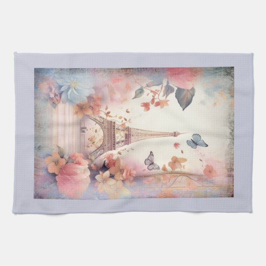 Eiffel Tower Butterflies and Flowers Theedoek (Horizontaal)