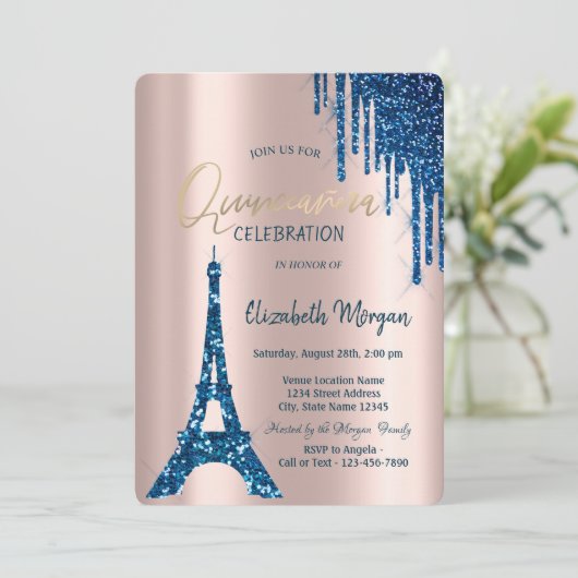 Eiffel Tower Confetti Drift Navy Blue Quinceañera Kaart (Staand voorkant)