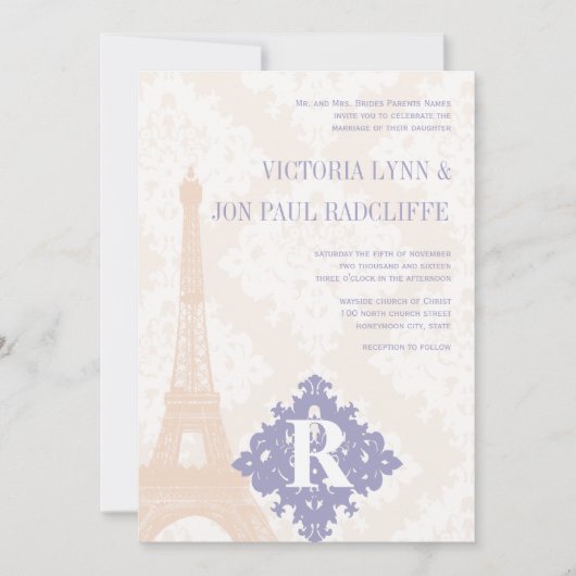 Eiffel Tower  Damask Silver Peony Lavender Kaart (Voorkant)