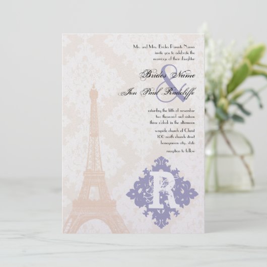 Eiffel Tower  Damask Silver Peony Lavender Kaart (Staand voorkant)