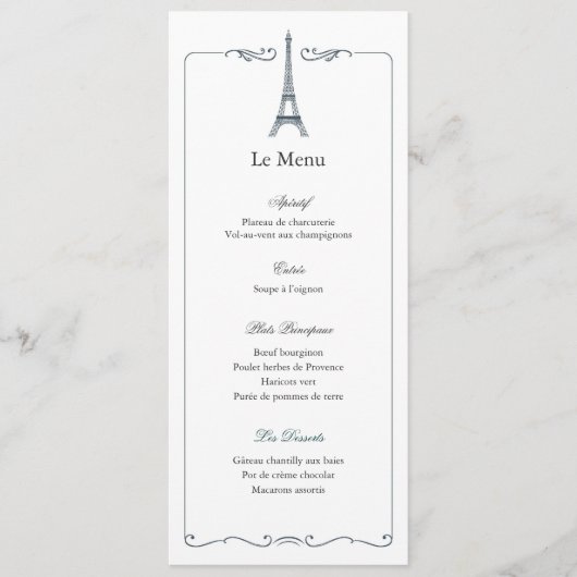 Eiffel Tower Elegant Wedding Menu Card French (Devant)