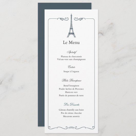 Eiffel Tower Elegant Wedding Menu Card French (Devant / Derrière)