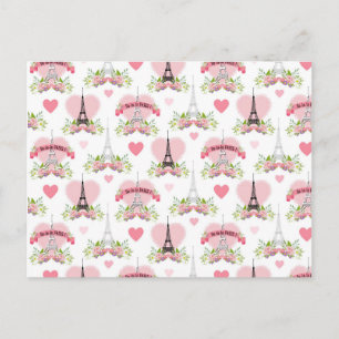 Eiffel Tower Flowers Pink Hearts Paris Frankrijk Briefkaart